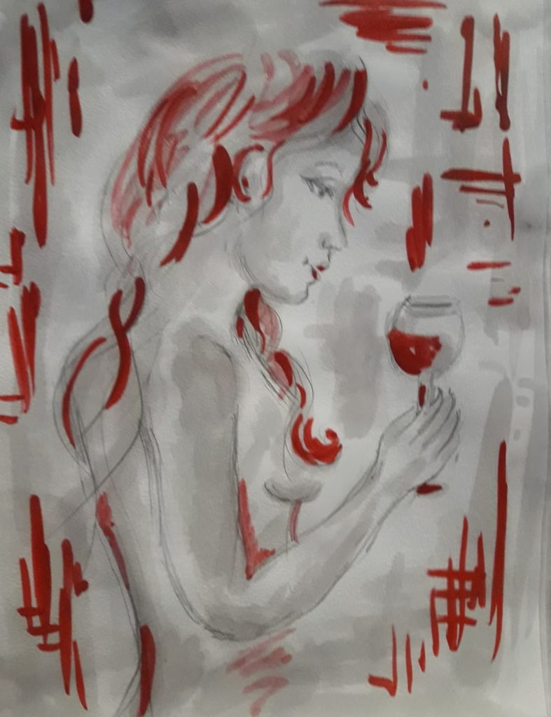 Donna nuda beve un calice di vino - dipinto con aglianico, falanghina e malaga