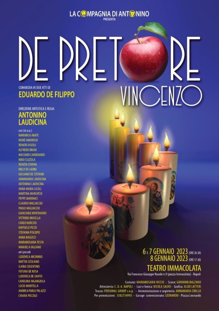 Locandina della commedia De Pretore Vincenzo di Eduardo De Filippo messa in scena al Teatro Immacolata dalla Compagnia di Antonino nel 2023