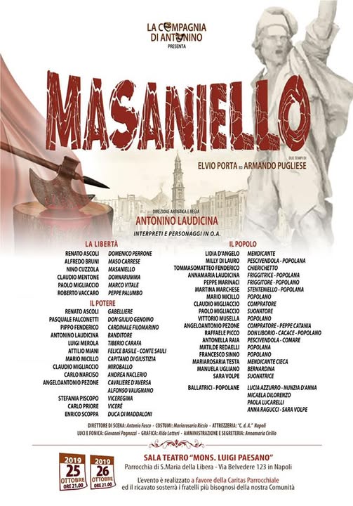 Locandina della commedia Masaniello di Elvio Porta e Armando Pugliese, messa in scena nel 2019 dalla Compagnia di Antonino alla sala teatro 'Monsignor Luigi Paesano'.
