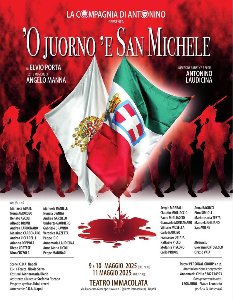 Testata della locandina della commedia 'O juorno 'e San Michele messa in scena dalla Compagnia di Antonino con l'elenco degli interpreti